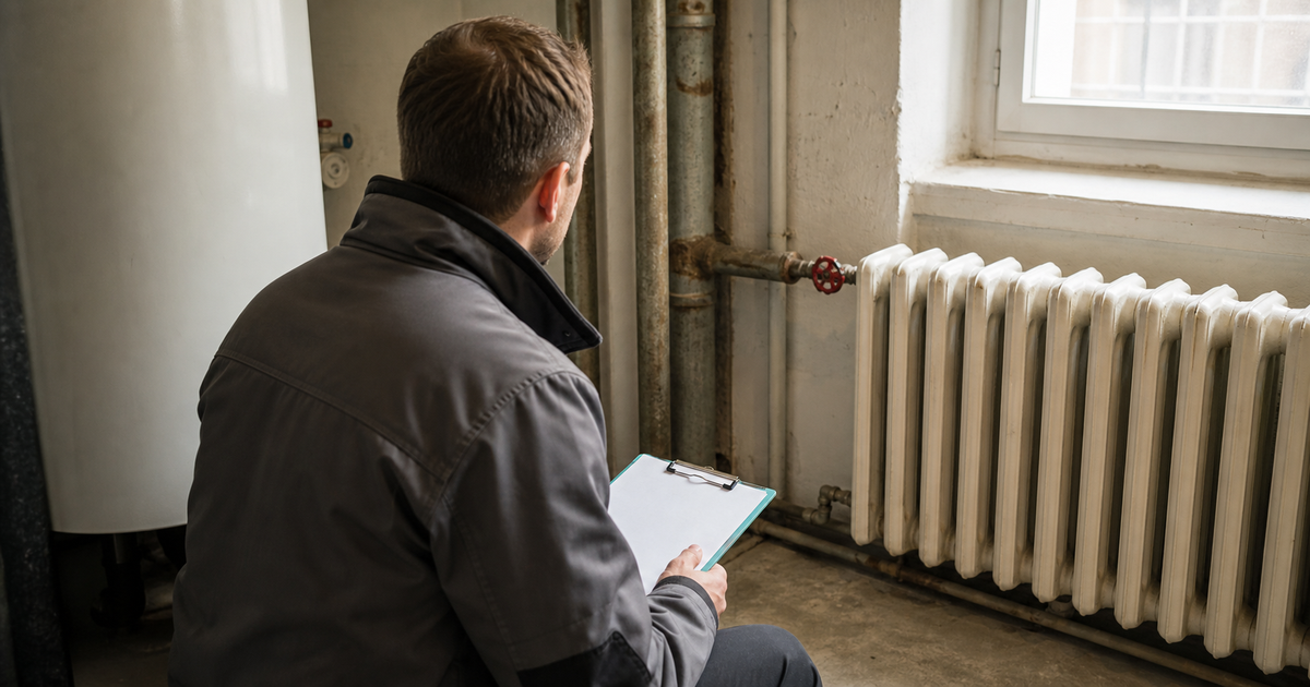 Technische Prüfung einer Heizungsanlage in einem deutschen Mietshaus