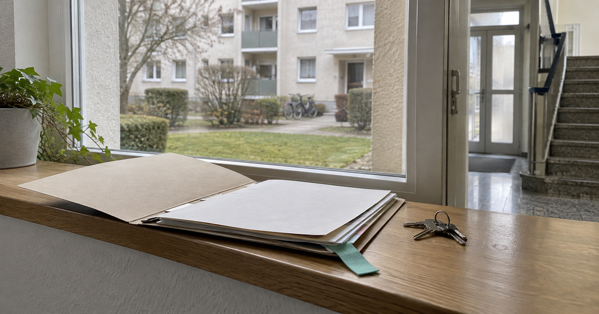 Geöffnete Wohnungsmappe mit Schlüsselbund auf einem hölzernen Fensterbrett in einem deutschen Mehrfamilienhaus