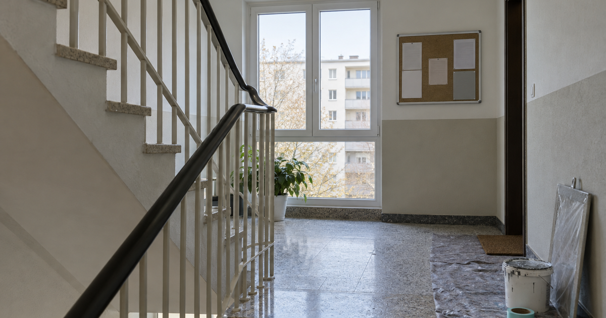 Gepflegtes Treppenhaus einer deutschen Wohnungseigentümergemeinschaft mit vorbereitetem Instandhaltungsbereich